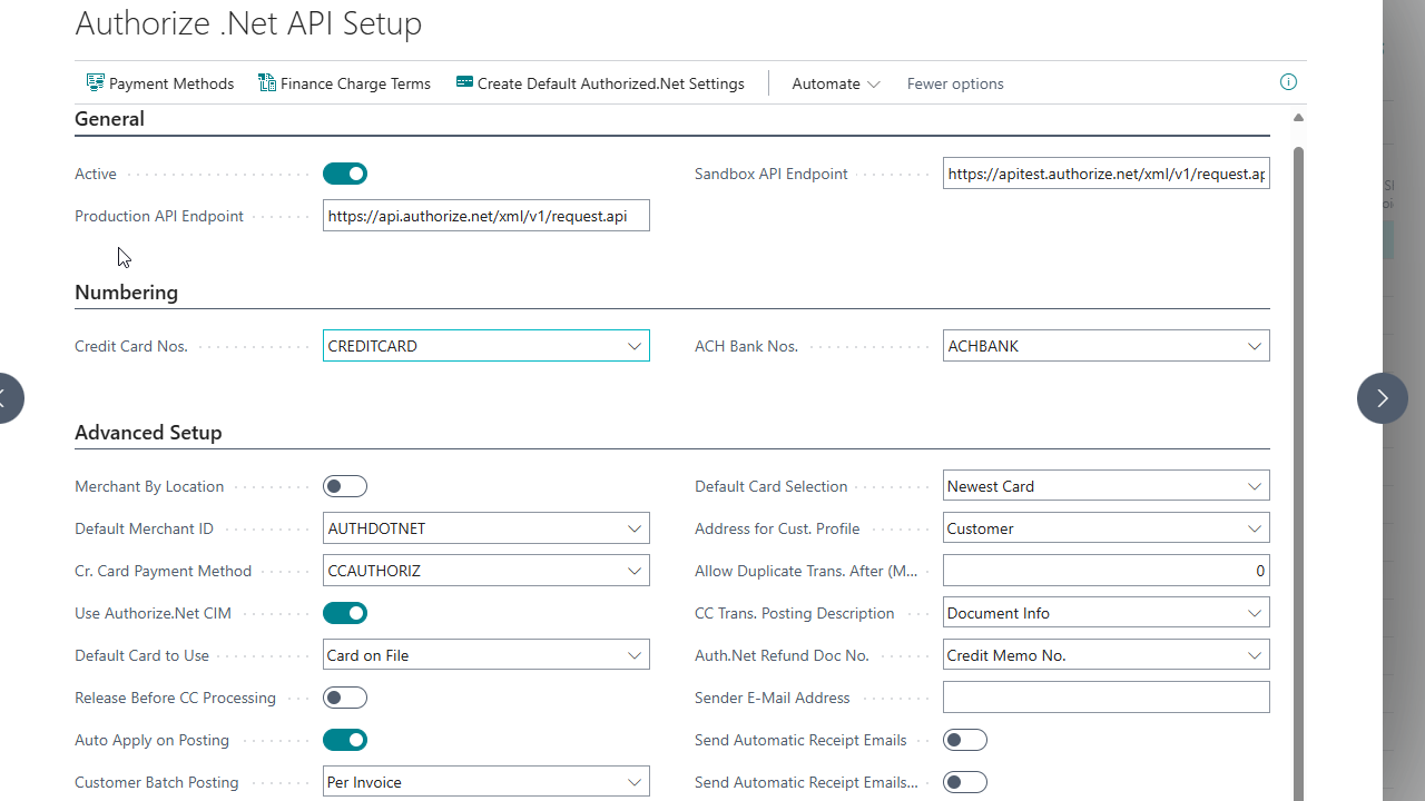 Acumens ePayment Setup Page